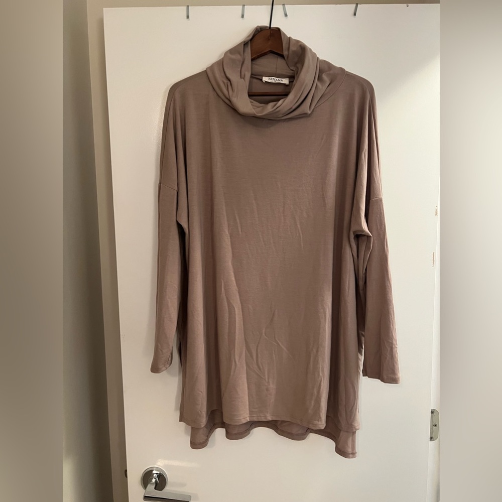 Zenana Mocha Cowl Neck Tunic Top